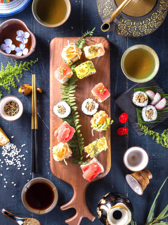 Top angle shot of traditional Japanese food dishes